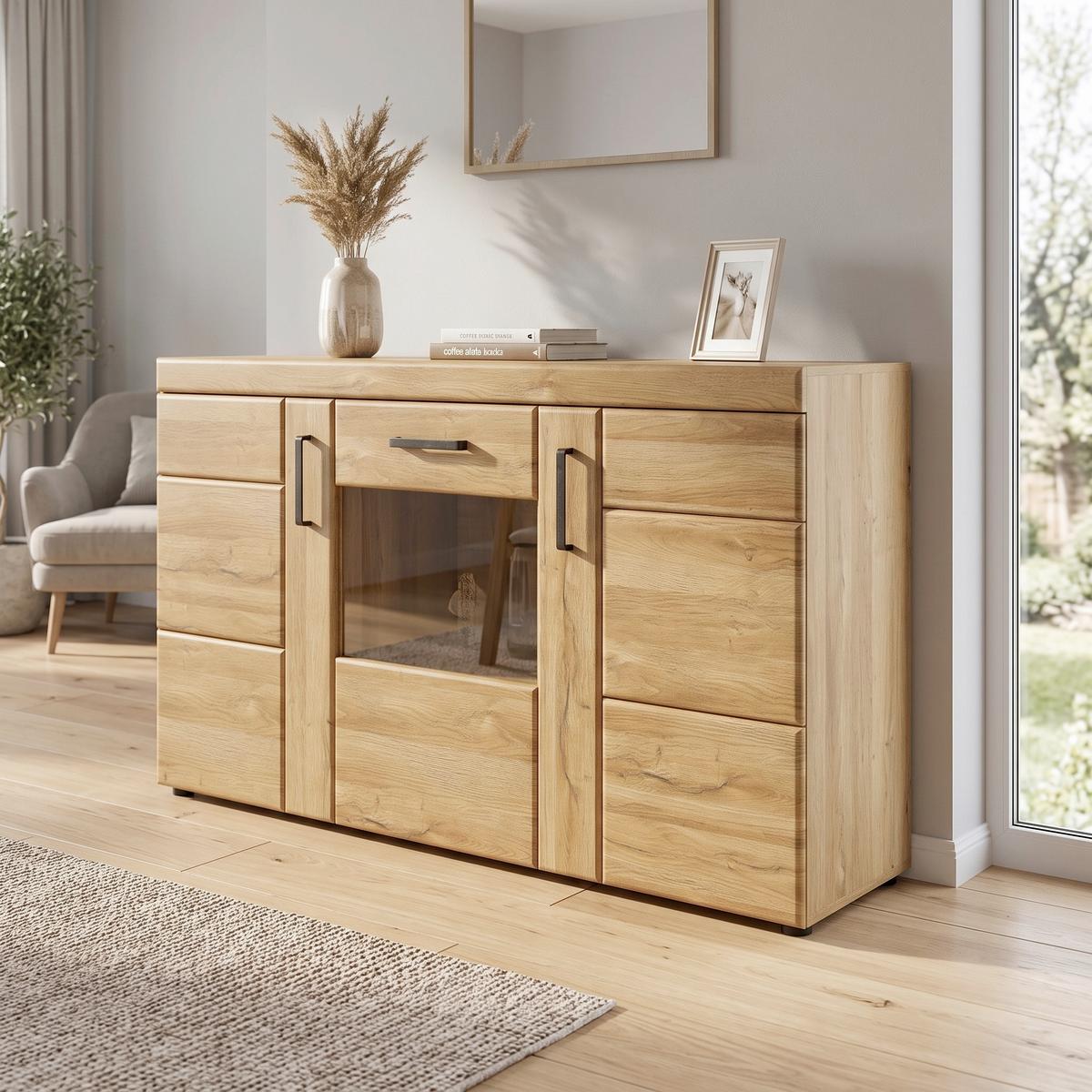 Kommode Cortina Eichefarben Dekor B: 156,8 cm - Eichefarben/Schwarz, MODERN, Glas/Holzwerkstoff (156,8/86/40,9cm)