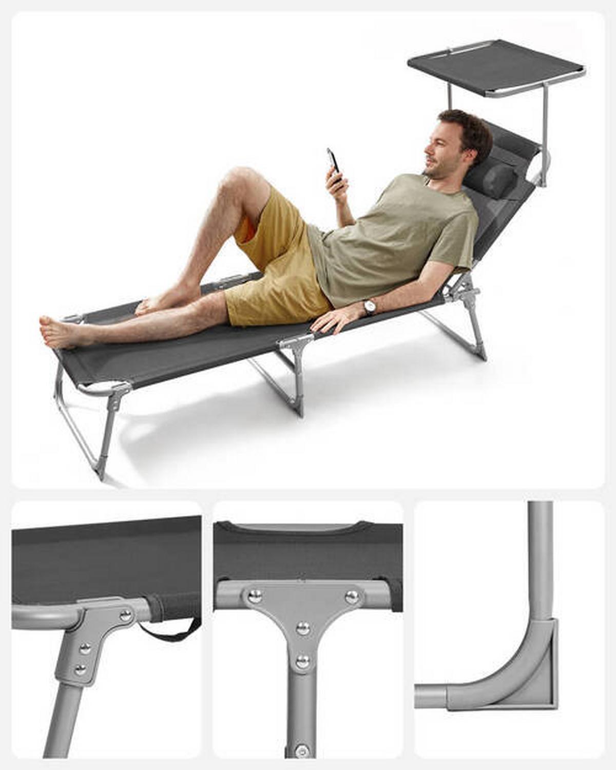 Sonnenliege Grau inkl. Sonnendach, B: 53 cm - Grau, Basics, Textil/Metall (53/29,5/193cm) - Modante