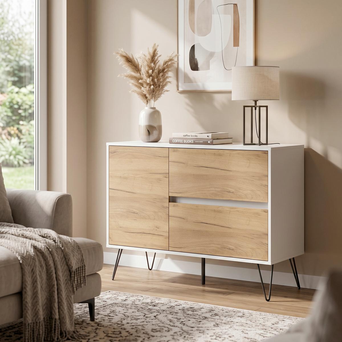 Sideboard Posseik Industrial Weiß/Eichefarben B: 99 cm - Weiß Hochglanz/Eichefarben, Design, Holzwerkstoff (99/75,8/42cm) - MID.YOU