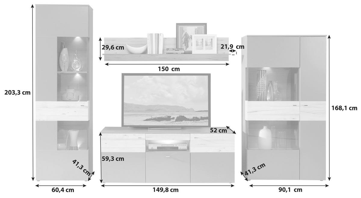 Szekrénysor Como - tölgyfa színű/szürke, Basics, műanyag/faalapú anyag (319/203/52cm) - MID.YOU