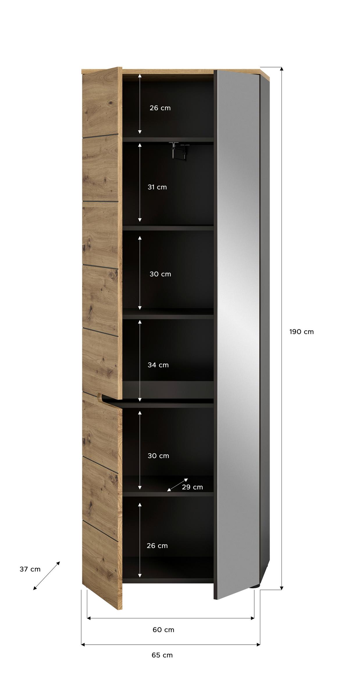 Garderobenschrank Basalt Grau Nb, Artisan Nb - KONVENTIONELL, Glas/Holzwerkstoff (65/190/37cm) - MID.YOU
