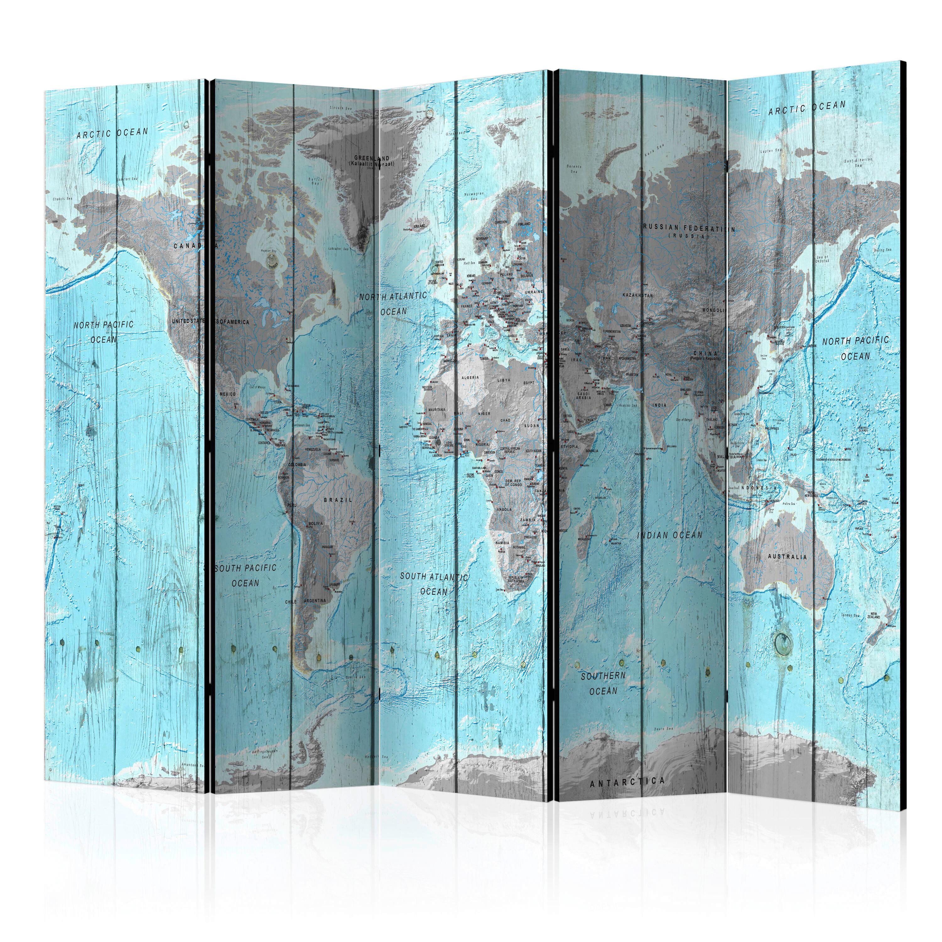 OBOUSTRANNÝ PARAVÁN MAPA SVĚTA - světle šedá/světle modrá, Basics, dřevo/textil (225/172/3cm) - artgeist