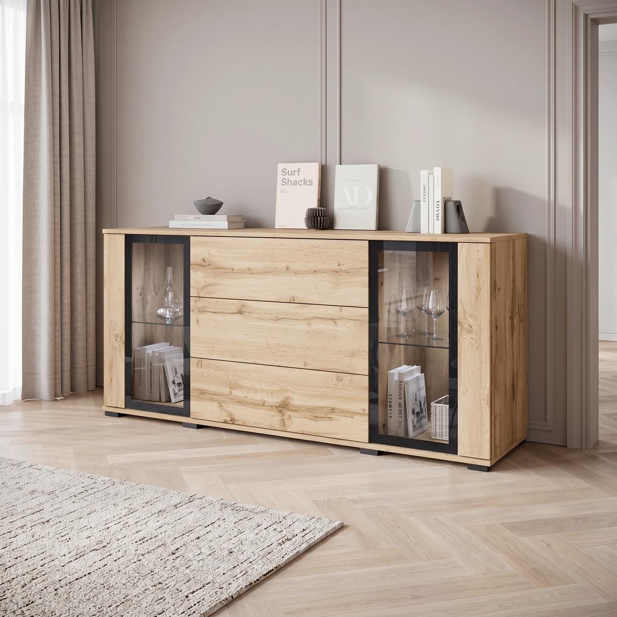 Kommode Caro Eiche Wotan B: 150 cm - Eiche Wotan/Schwarz, Design, Glas/Holzwerkstoff (150/69,7/39,5cm) - P & B