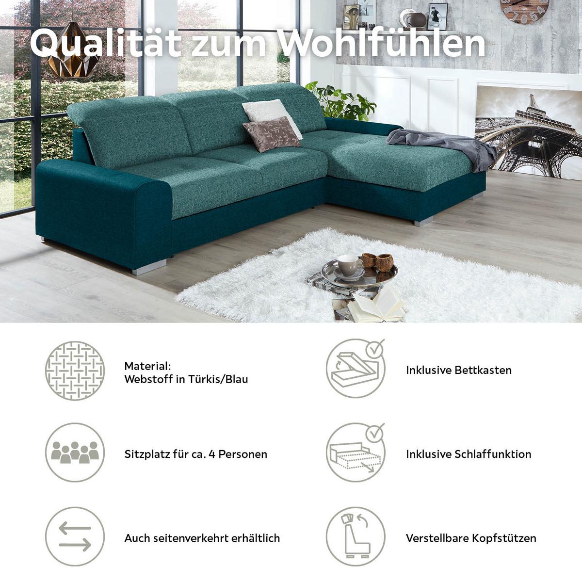 Ecksofa Mit Schlaffunktion + Bettkasten Malaga, Webstoff - Türkis/Blau, KONVENTIONELL, Textil (286/203cm) - Ondega
