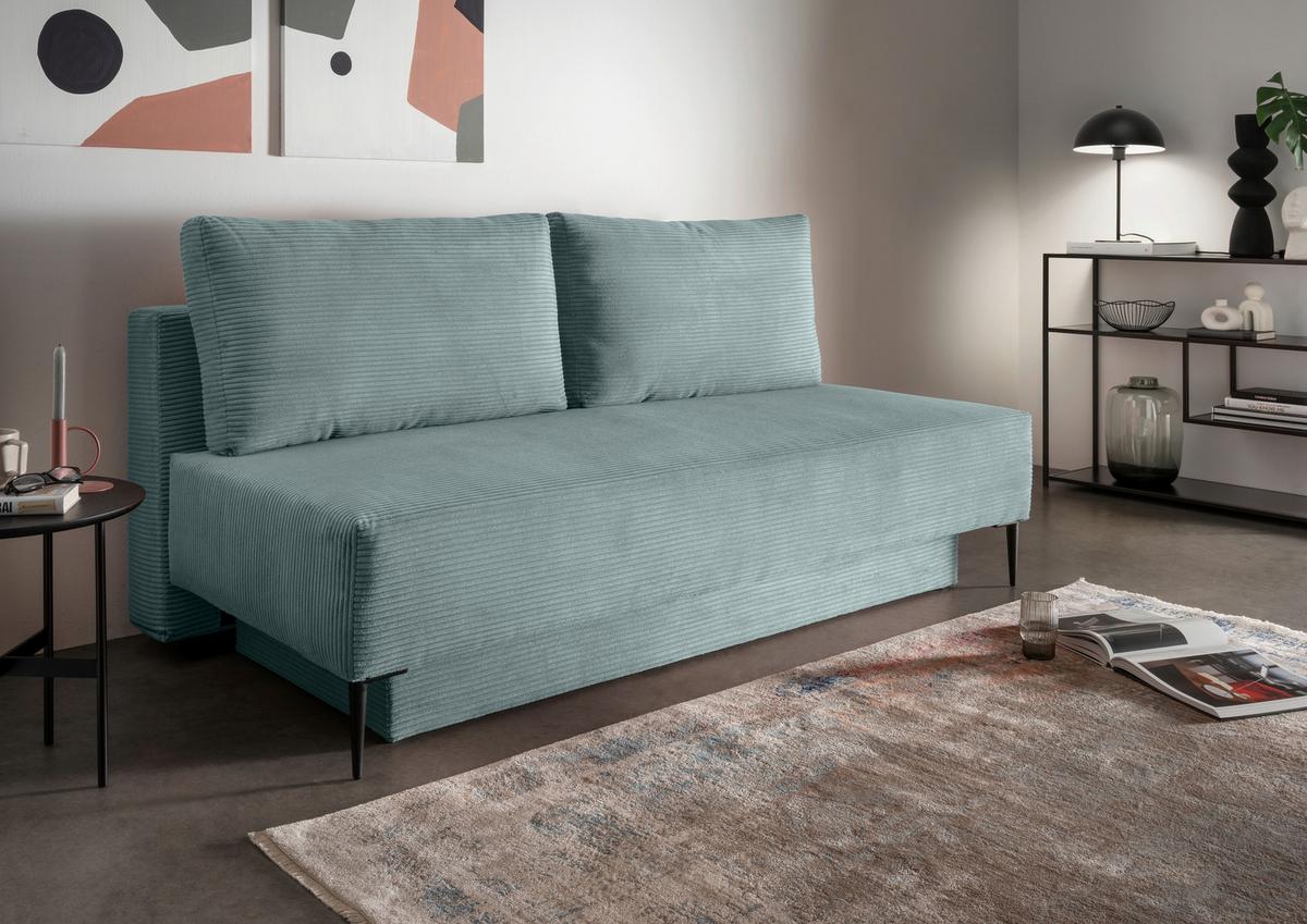 Schlafsofa Petri Hellblau Cord, Rücken Echt B: 198 cm - Schwarz/Hellblau, MODERN, Textil (198/90/100cm) - Livetastic