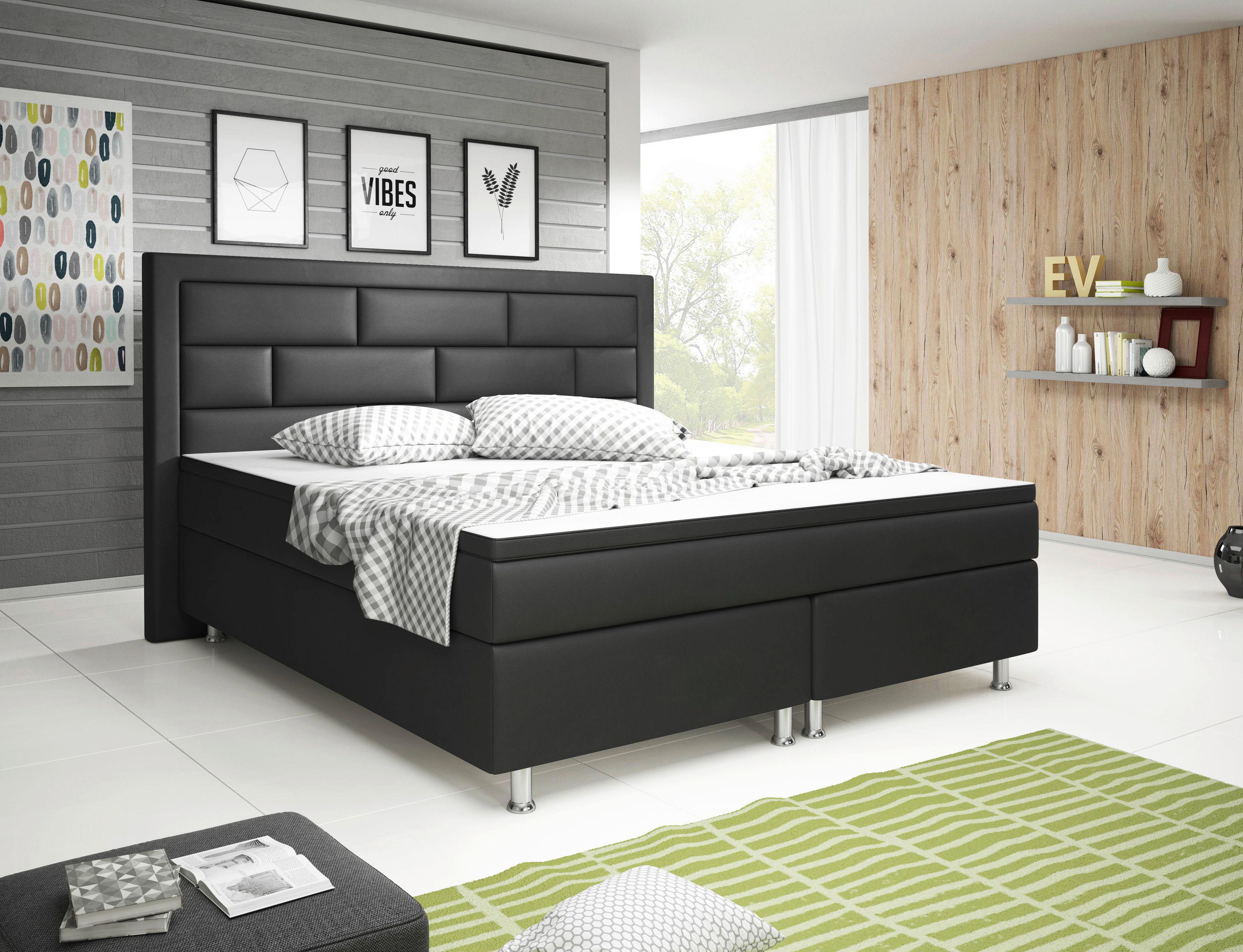 Boxspringbett Mit Topper Lederlook 180x200 Nizza - Silberfarben/Schwarz, KONVENTIONELL, Leder/Textil (180/200cm) - MID.YOU