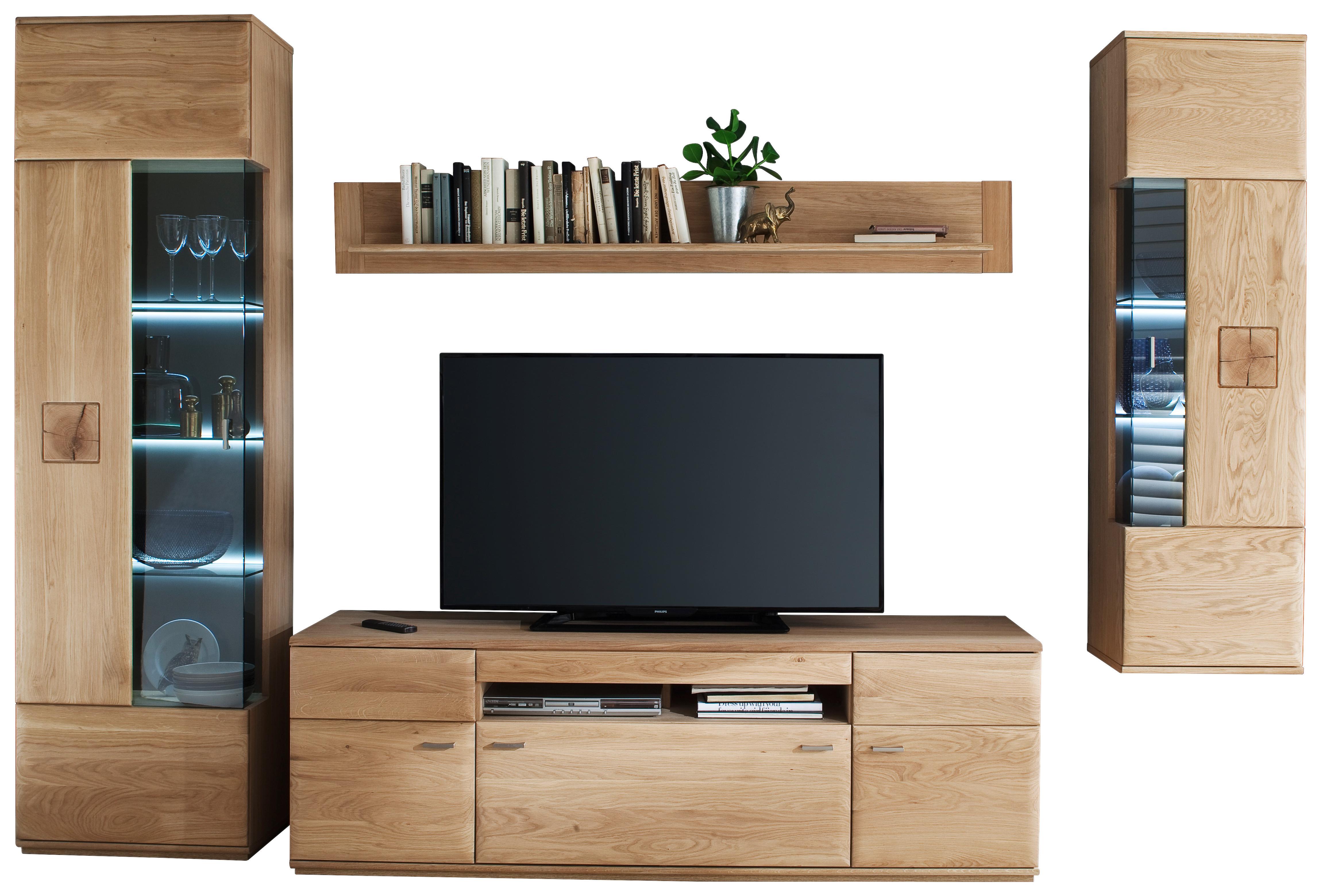 Wohnkombination teilmassiv 4--teilig. Bologna Eichefarben - Eichefarben, Design, Glas/Holz (305/208/50cm) - Livetastic