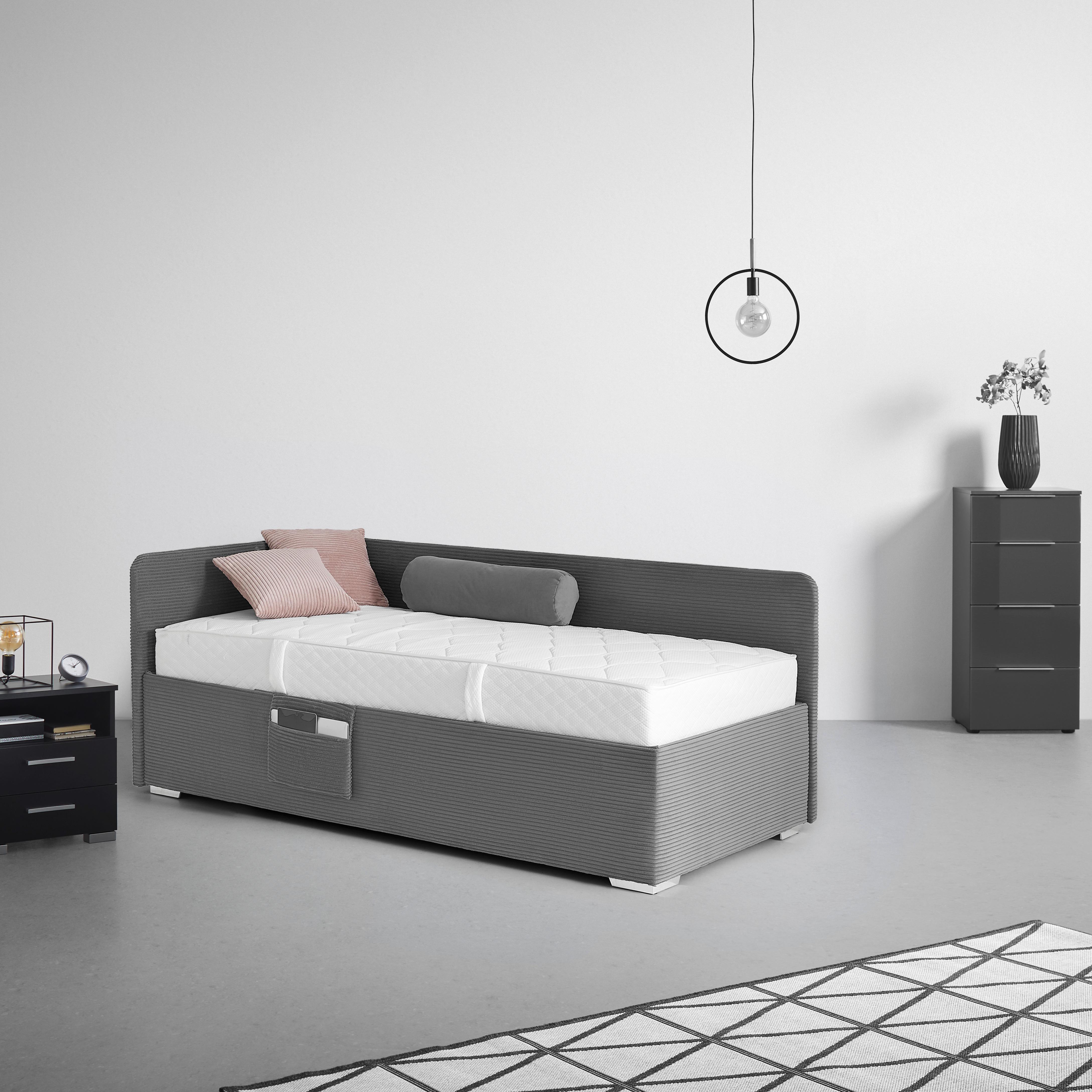 Posteľ Remi s bočnicami 90x200, poťah sivý - sivá/prírodná farba, Konventionell, drevo/textil (90/200cm)