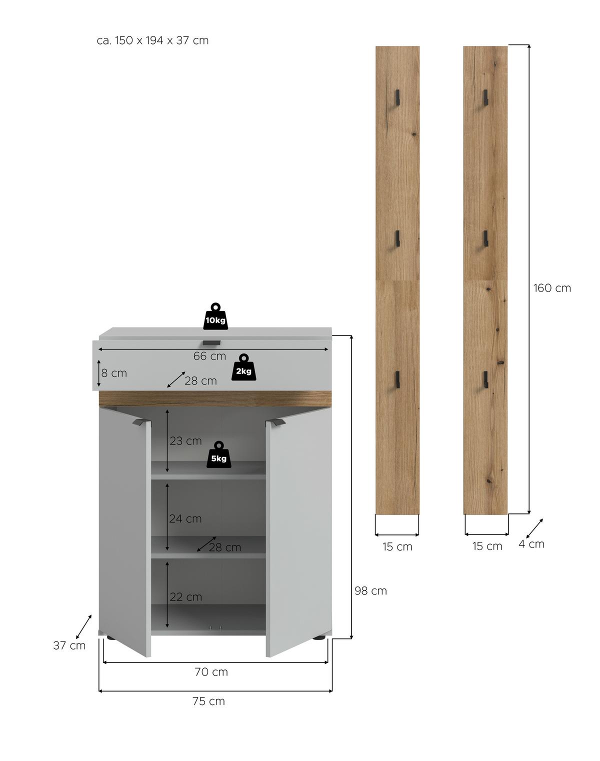 Garderobe Naro Weiß /Eiche dunkel Dekor B: 150cm - Eiche dunkel/Grau, Design, Holzwerkstoff (150/194/37cm) - Livetastic