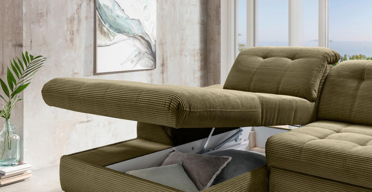 Eckschlafsofa Delphino Goldfarben S: 189x273 cm - Schwarz/Olivgrün, MODERN, Textil (189/273cm) - Livetastic