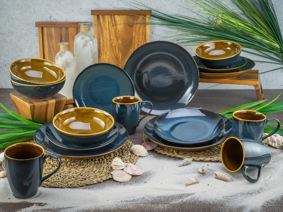 Kombiservice Mallorca Keramik 4 Personen Geschirr Set - Petrol/Braun, Design, Keramik - Creatable
