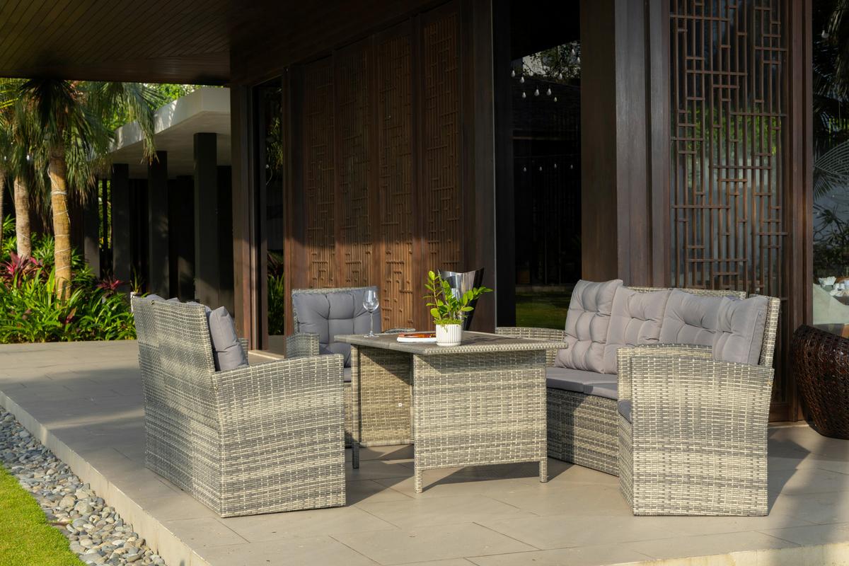 Loungegarnitur 5-tlg. Hadwin, Kunststoffgeflecht Mit Kissen - Dunkelgrau/Grau, MODERN, Holzwerkstoff/Kunststoff (120/70/66cm) - Luca Bessoni