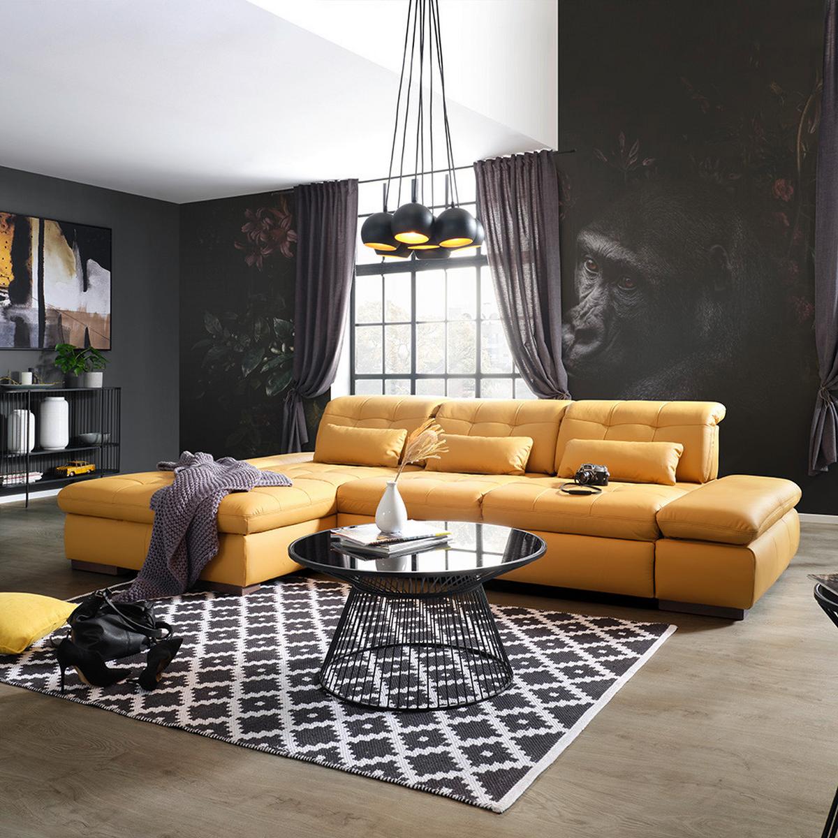 Rohová sedačka SANFINO, ľavá, kari žltá pravá koža - chrómová/kari žltá, Konventionell, kov/koža (199/79-96/305cm) - Premium Living