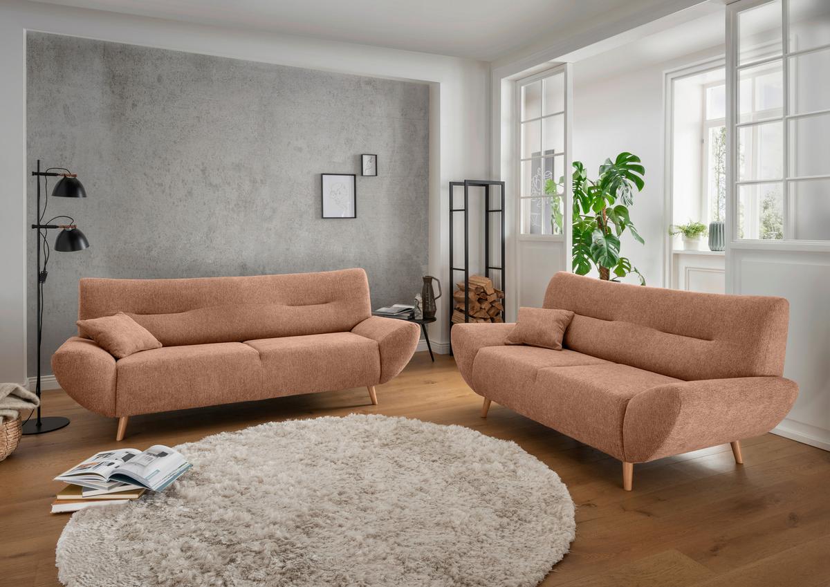 3-Sitzer-Sofa Chenille Koralle Rücken Echt - Wildeiche/Koralle, MODERN, Textil (205/81/90cm) - MID.YOU