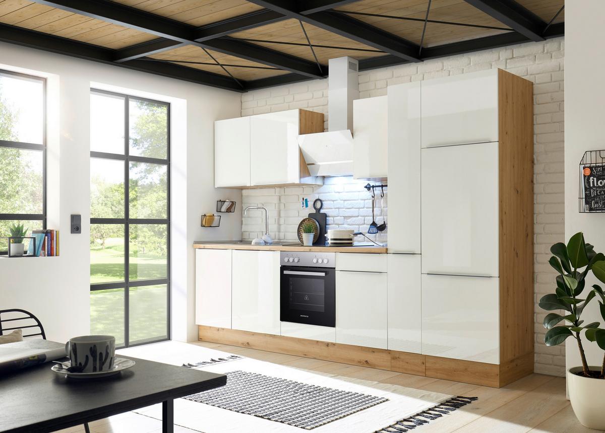 Küchenzeile mit Geräten B: 310 cm Weiß/Eiche Dekor - Weiß Hochglanz/Eiche Artisan, LIFESTYLE, Holzwerkstoff (310/211/60cm) - Respekta