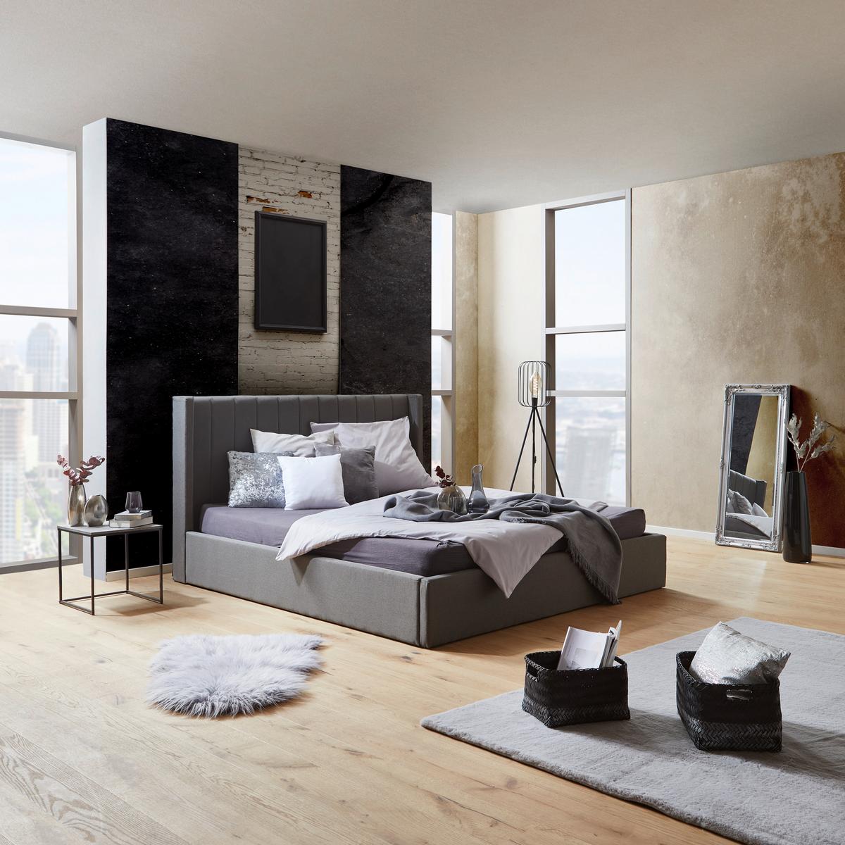 Čalouněná postel s vysokým čelem NICI, 180x200, šedá - černá/tmavě šedá, Moderní, kov/dřevo (180/200cm) - Livetastic