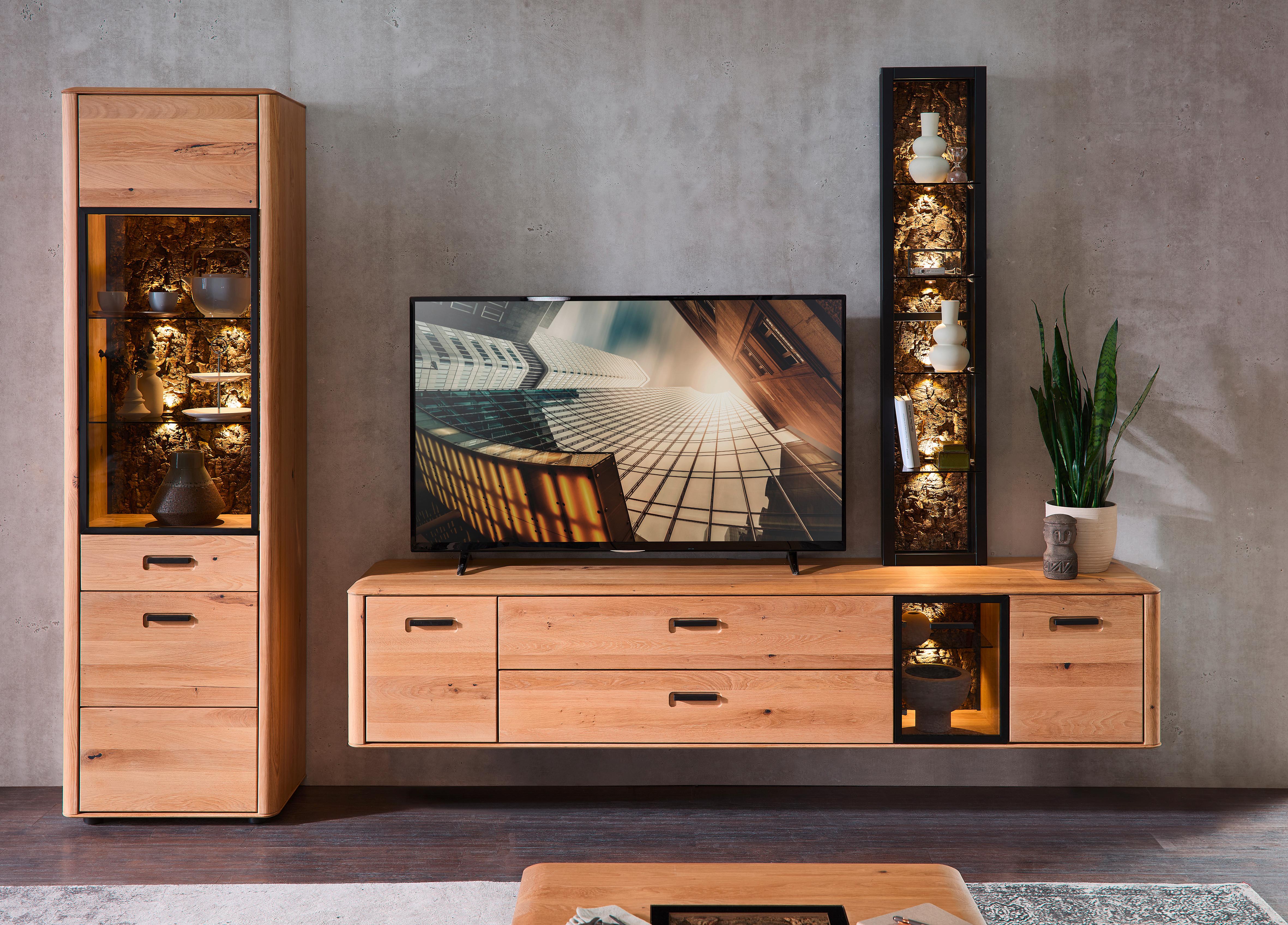 Wohnwand Montana Schwarz/Wildeiche, B: 295 cm - Wildeiche/Schwarz, Basics, Glas/Holz (295/205/45cm) - Livetastic