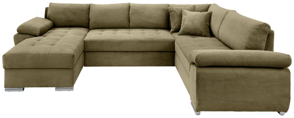 Wohnlandschaft Terana mit Schlaffunktion, Olivgrün - Chromfarben/Olivgrün, KONVENTIONELL, Textil (157/305/219cm) - Livetastic
