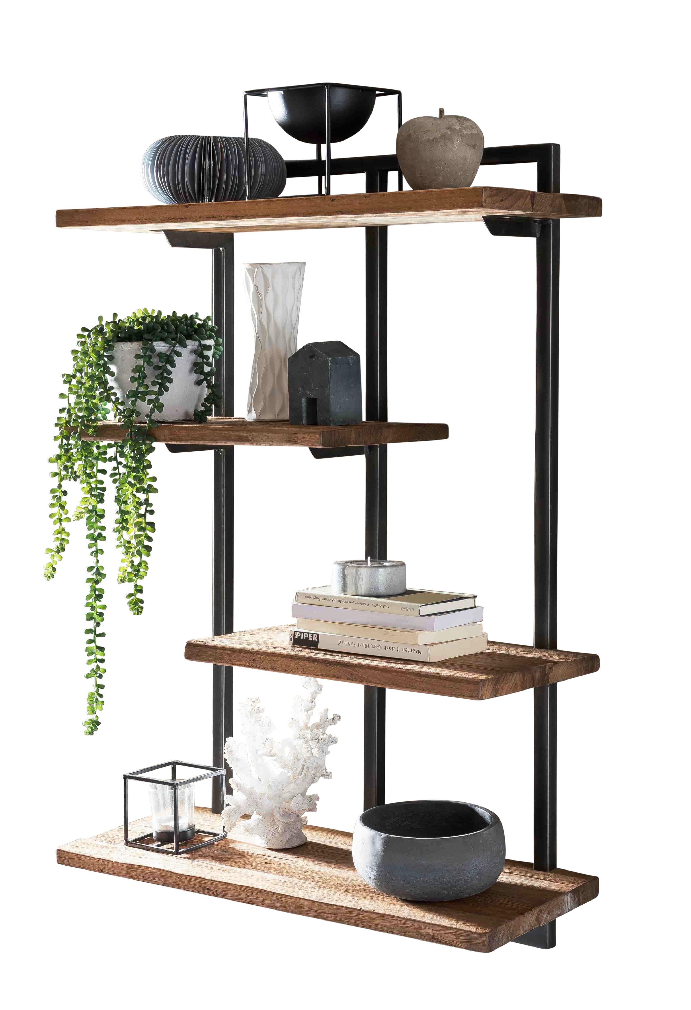 Wandregal 4 Böden Teakholz/Metall B: 70cm - Schwarz/Naturfarben, Design, Holz/Metall (70/97/25cm) - MID.YOU
