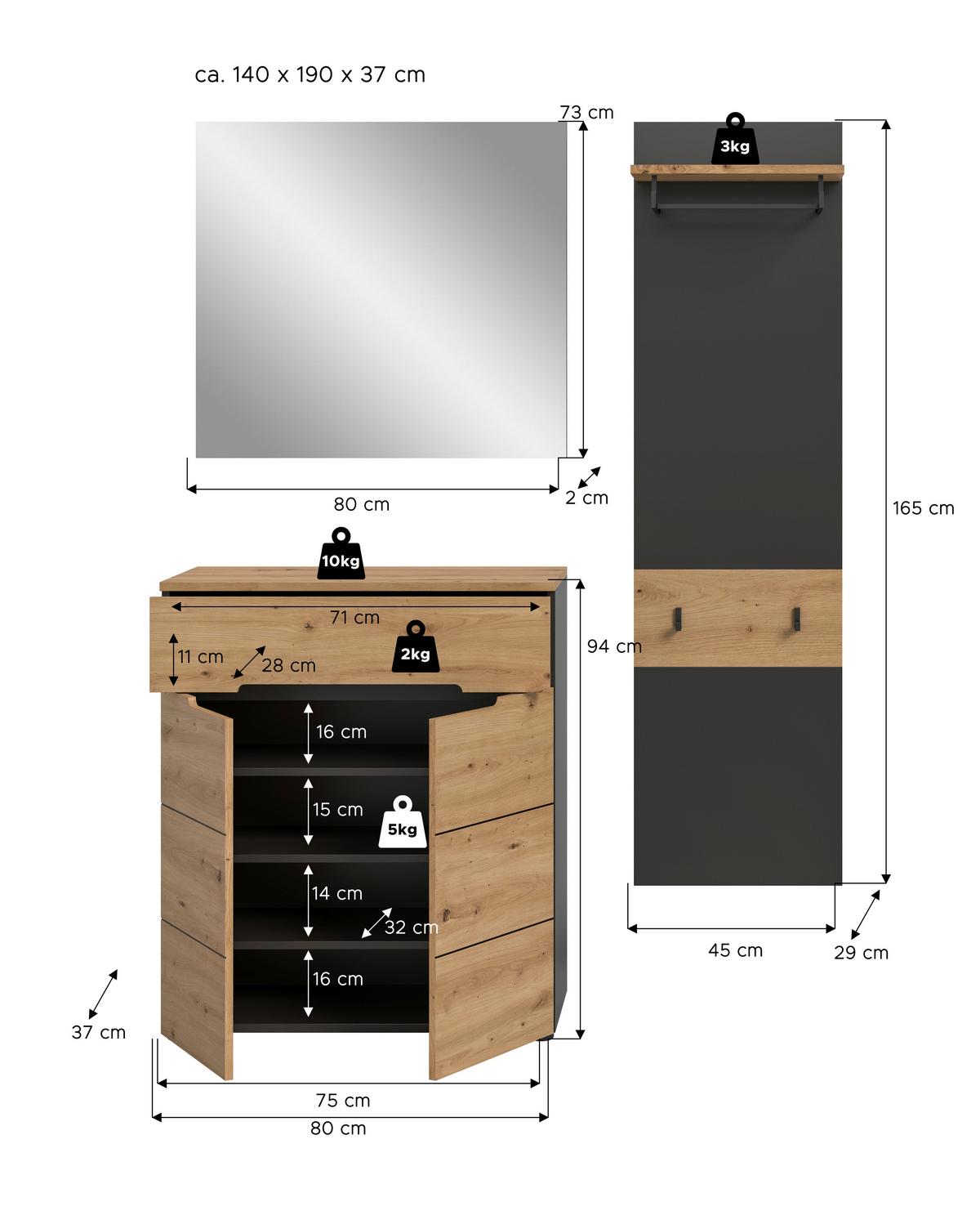 Garderobe Canu 3-Teilig Eiche Artisan/Grau B: 140 cm - Eiche Artisan, Design, Holzwerkstoff (140/190/37cm) - Livetastic
