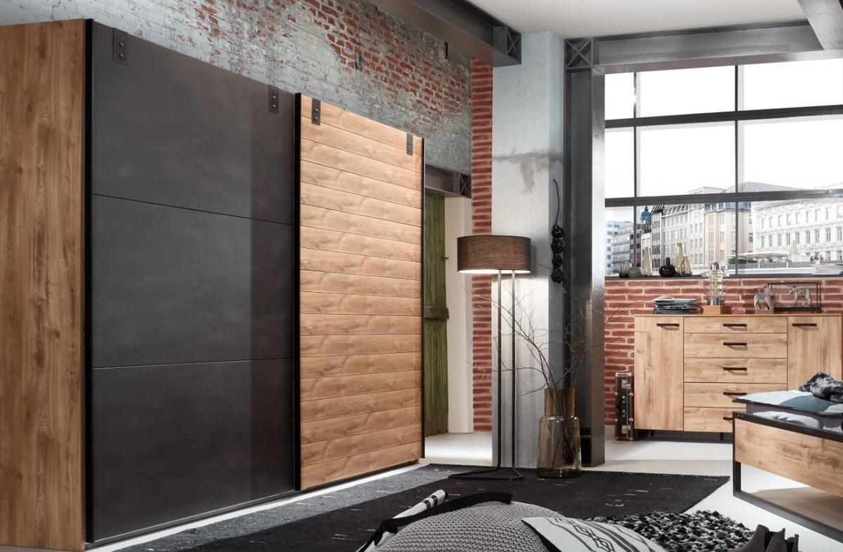 SKŘÍŇ S POSOUVACÍMI DVEŘMI DETROIT šířka 250cm - barvy dubu/barvy grafitu, Basics, kov/kompozitní dřevo (250/216/65cm) - MID.YOU