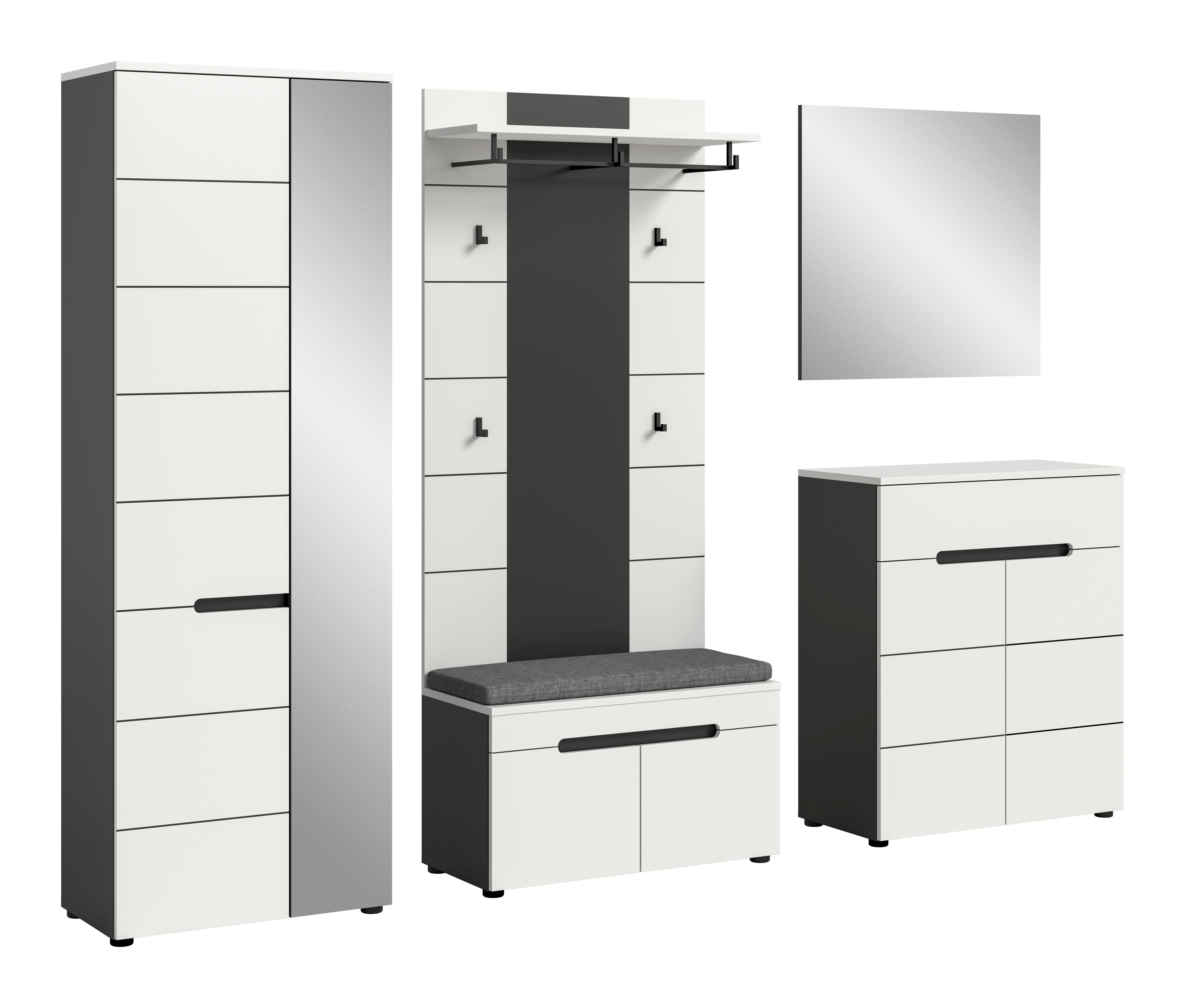 Garderobe Canu 6-Teilig Weiß/Basalt Grau B: 255 cm - Weiß, Design, Holzwerkstoff (255/190/37cm) - Livetastic