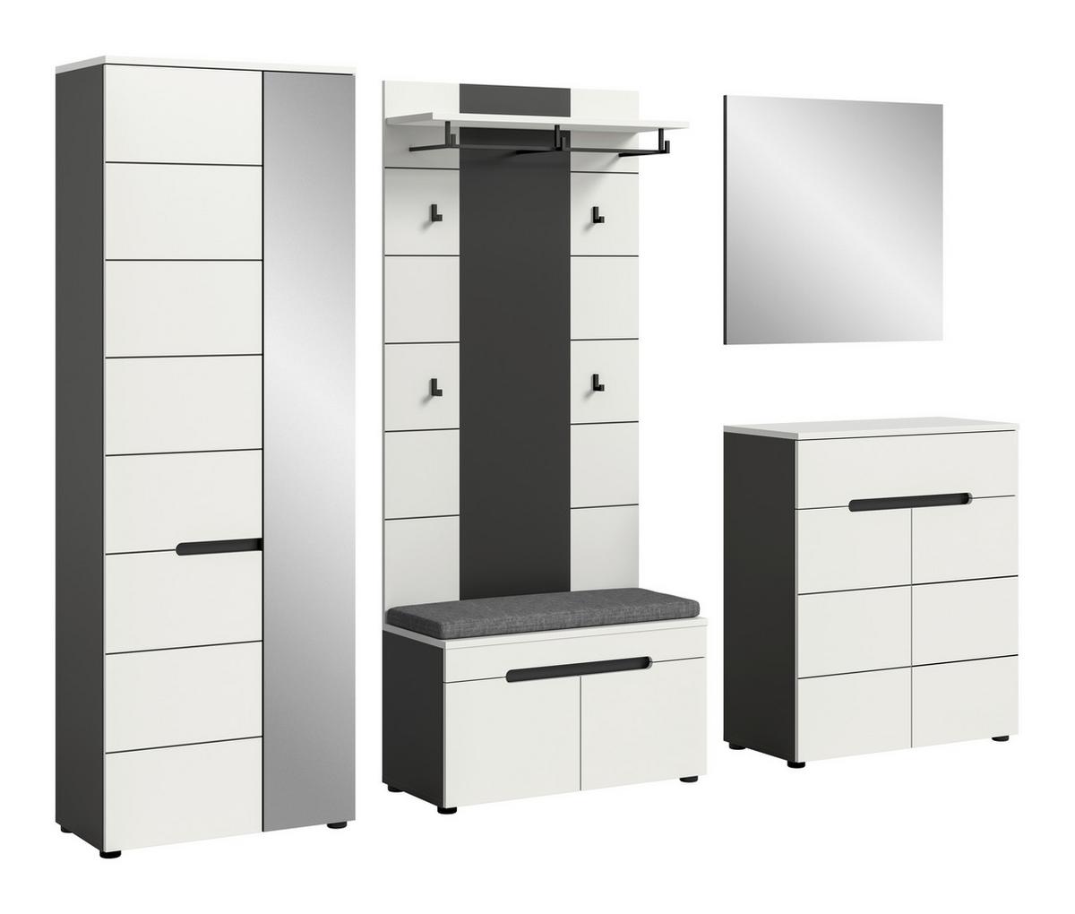 Garderobe Canu 6-Teilig Weiß/Basalt Grau B: 255 cm - Weiß, Design, Holzwerkstoff (255/190/37cm) - Livetastic