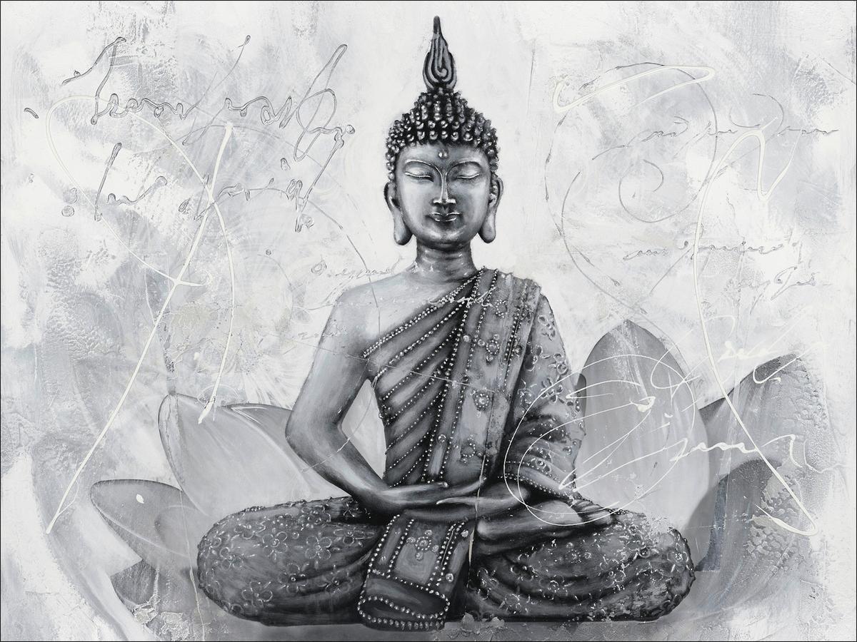 Leinwandbild Buddha Grey 116x84 Cm - Schwarz/Weiß, KONVENTIONELL, Holz (84/116cm)