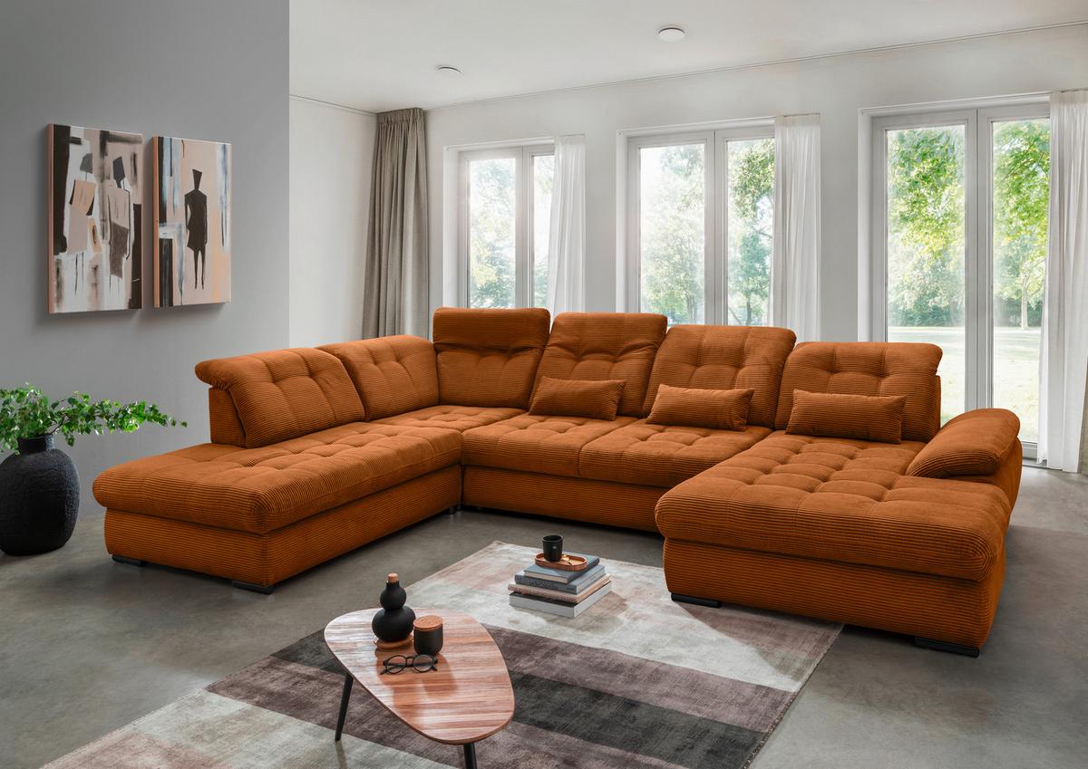 Wohnlandschaft mit Bettkasten Rigatti Goldfarben B: 387 cm - Goldfarben/Schwarz, MODERN, Textil (252/387/184cm) - Livetastic