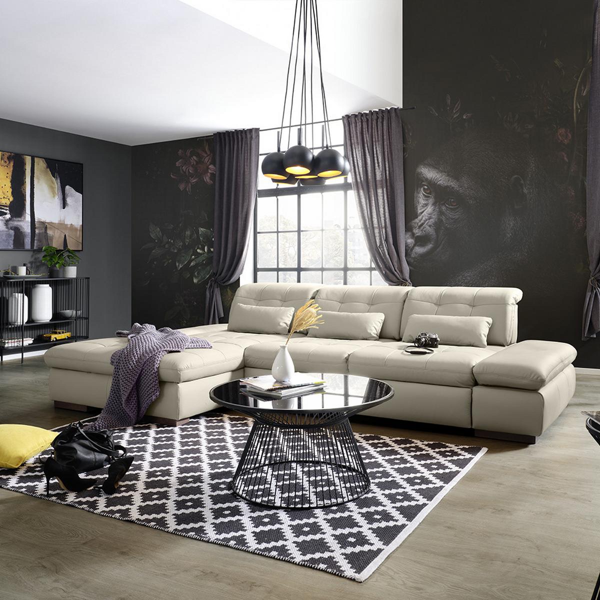 Rohová sedačka SANFINO, ľavá, svetlosivá pravá koža - svetlosivá/chrómová, Konventionell, kov/koža (199/79-96/305cm) - Premium Living