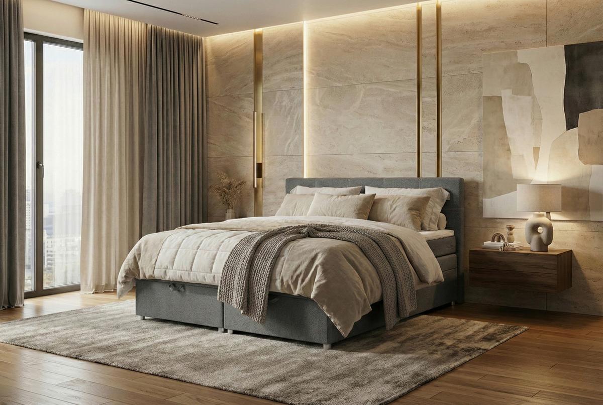 Boxspringbett Royal 180x200 Hellgrau - Chromfarben/Hellgrau, MODERN, Holzwerkstoff/Textil (180/200cm)