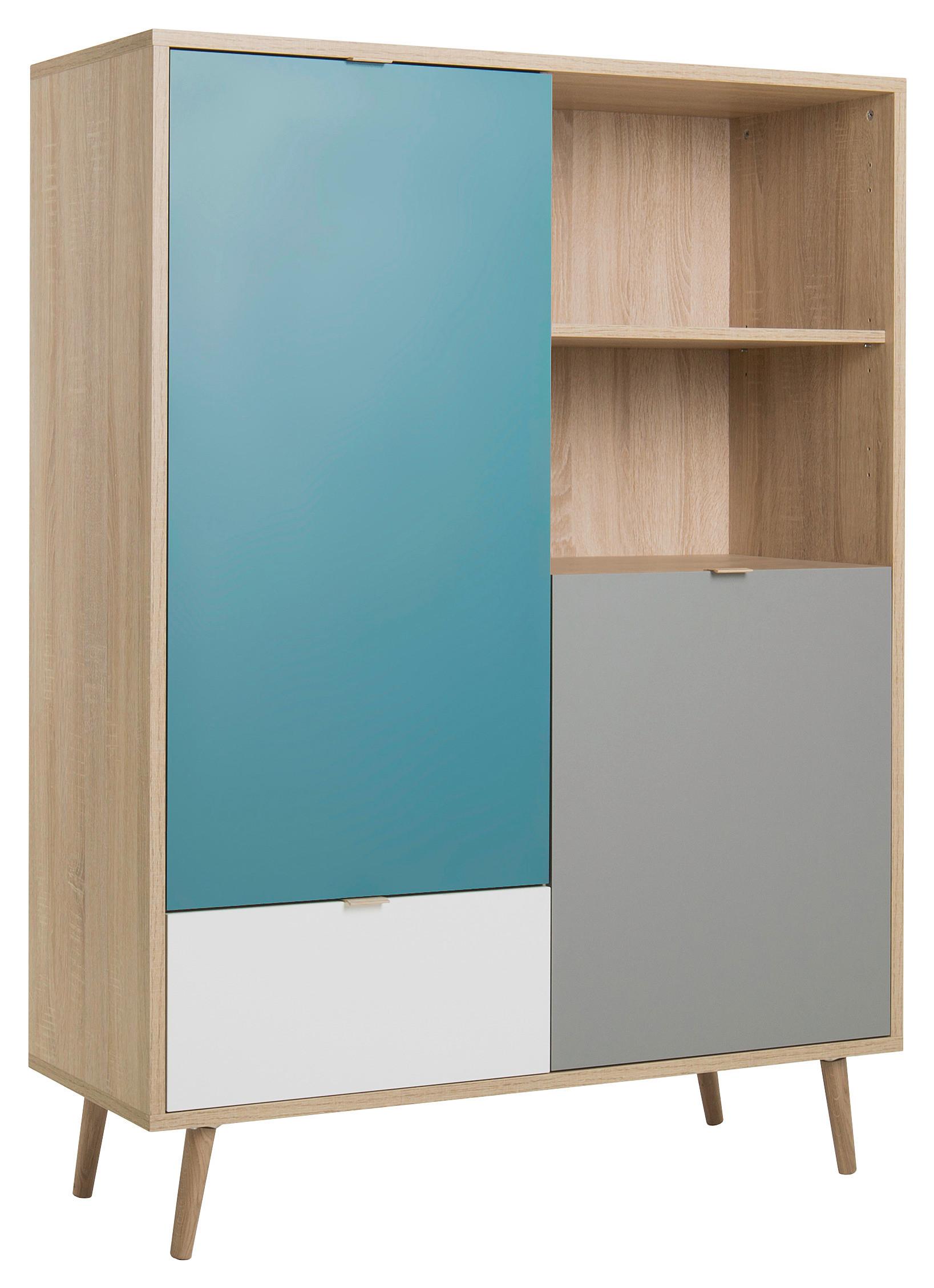 Highboard 103cm Cuba 53-Trend, Eiche Dekor/Grau/Petrol/Weiß - Eichefarben/Petrol, Trend, Holzwerkstoff (103/139/40cm) - MID.YOU