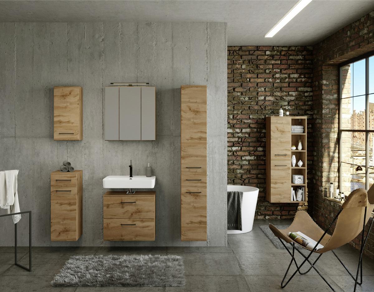 Badmöbel-Set Manchester B: 90 cm Eiche Wotan Dekor - Eichefarben, MODERN, Holzwerkstoff (90cm) - Held
