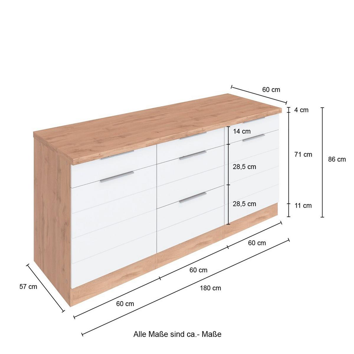 Küchenunterschrank Florenz B: 180 cm Grau/Eichefarben - Eiche Wotan/Grau, Design, Holzwerkstoff (180/86/60cm) - Held