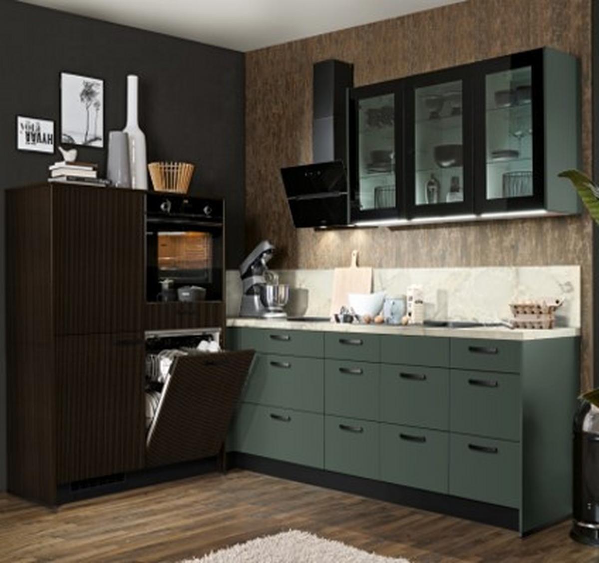 Eckküche Clean/Stripe - Dunkelgrün/Dunkelbraun, Basics, Holzwerkstoff (190/287cm) - Express