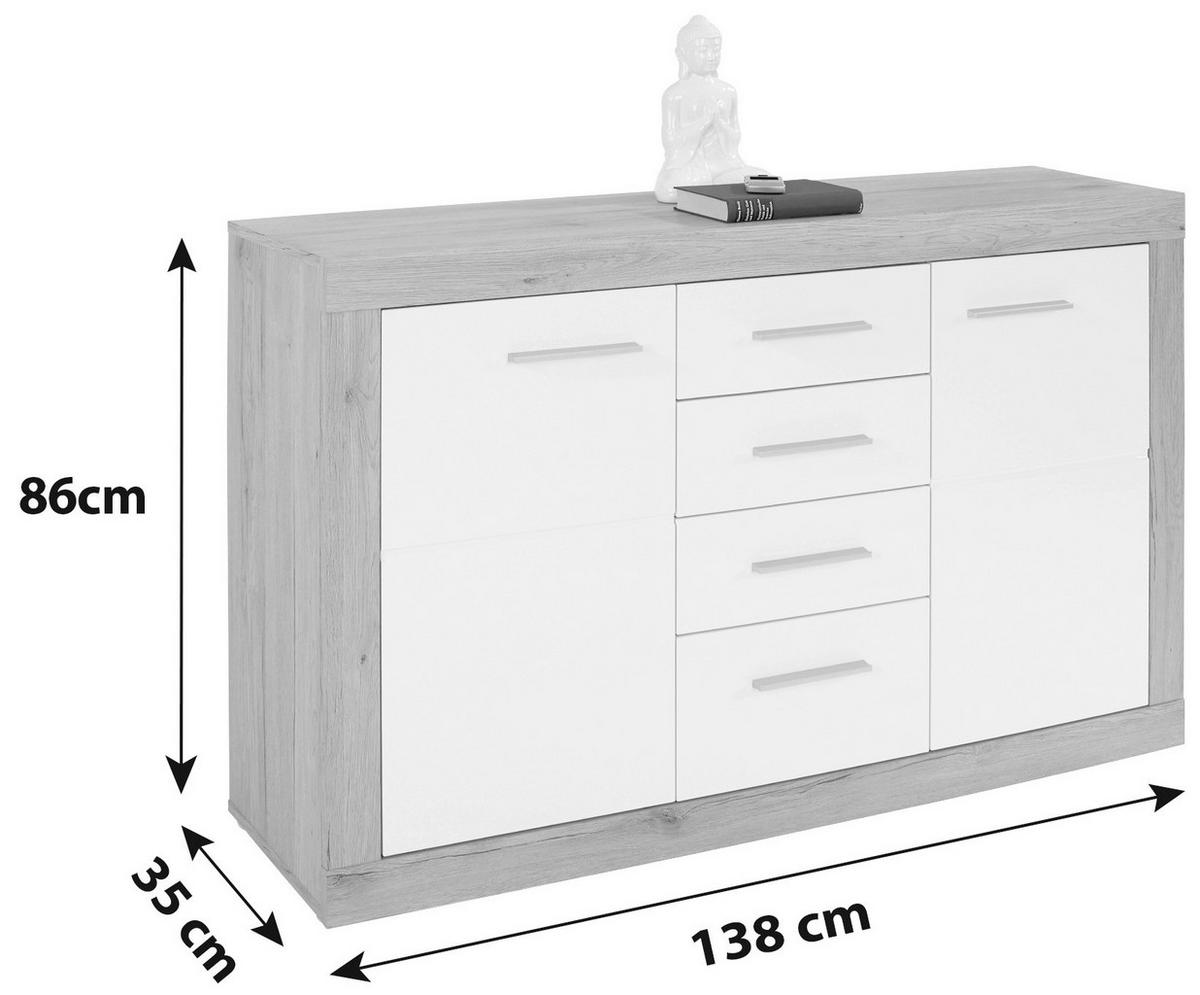 Sideboard B: 138 cm Malta, San Remo Eiche Dekor/Weiß - Eichefarben/Schwarz, MODERN, Holzwerkstoff (138/86/35cm)