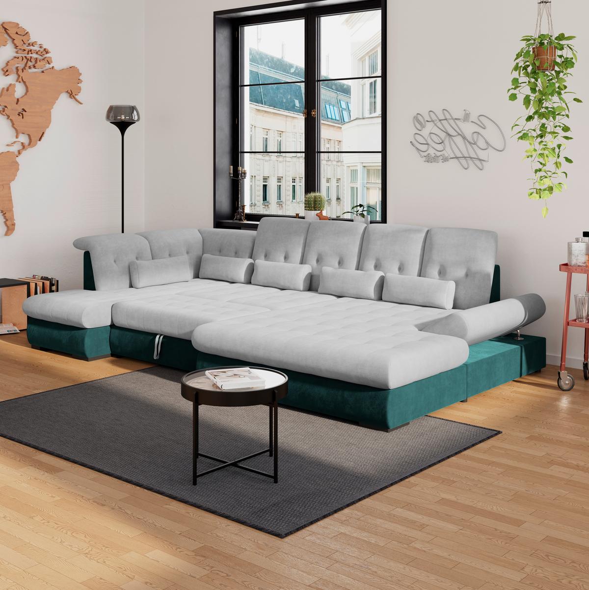 Wohnlandschaft Madera Silberfarben S: 212x358 cm - Türkis/Silberfarben, KONVENTIONELL, Kunststoff/Textil (212/358/190cm)