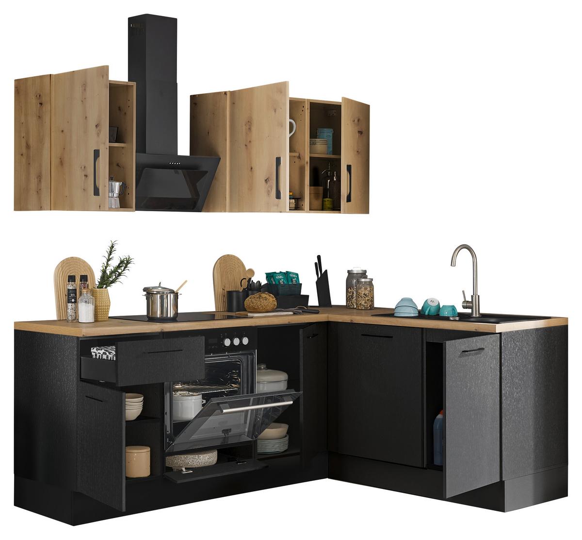 Eckküche Turin Schwarz/Eiche Dekor 220x175 cm - Schwarz/Eiche Artisan, Basics, Holzwerkstoff (220/175cm) - MID.YOU