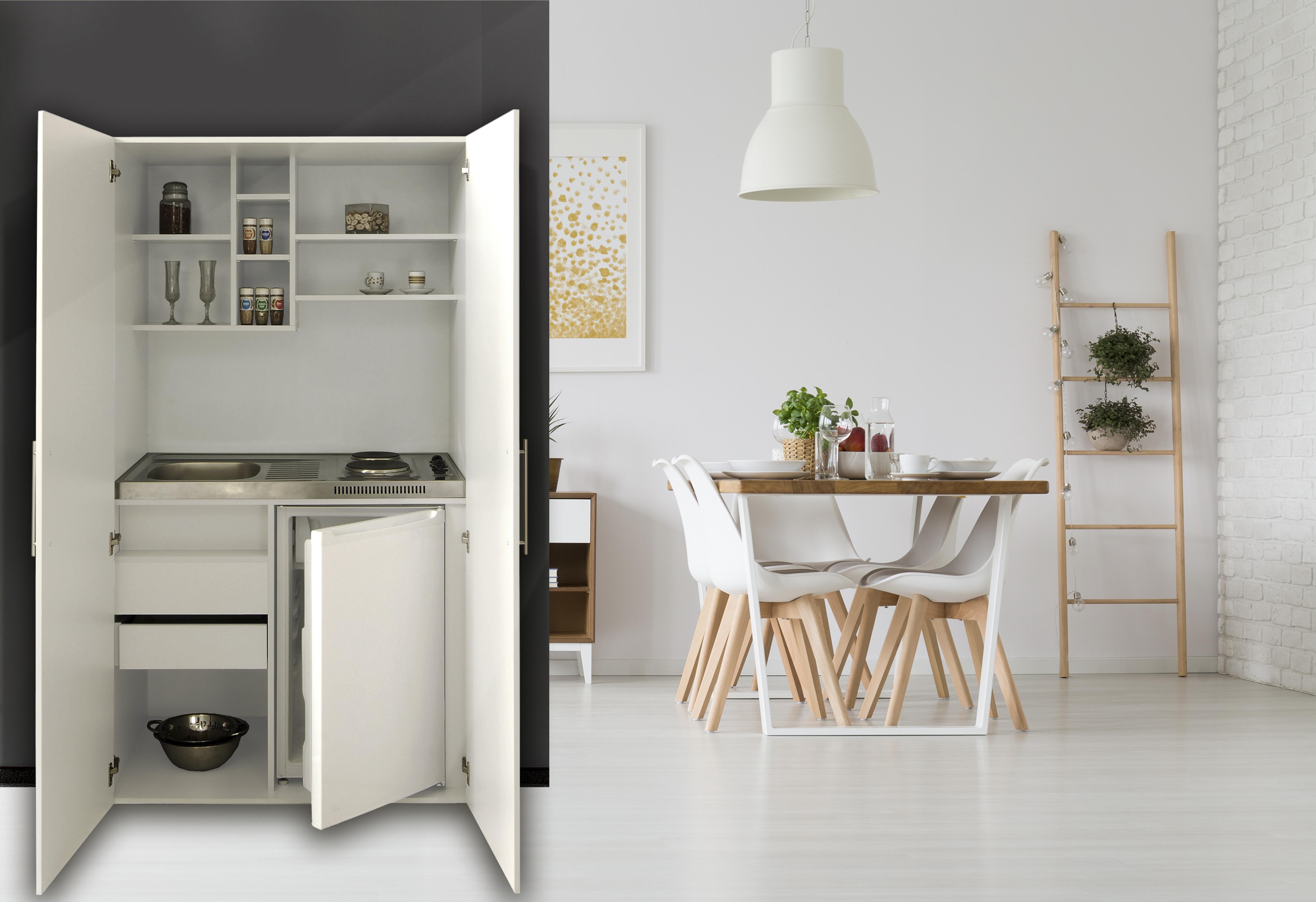 Schrankküche mit Kühlschrank + Kochfeld 104 cm Elegant - Silberfarben/Weiß, MODERN, Holzwerkstoff/Metall (104/193/67cm) - Respekta