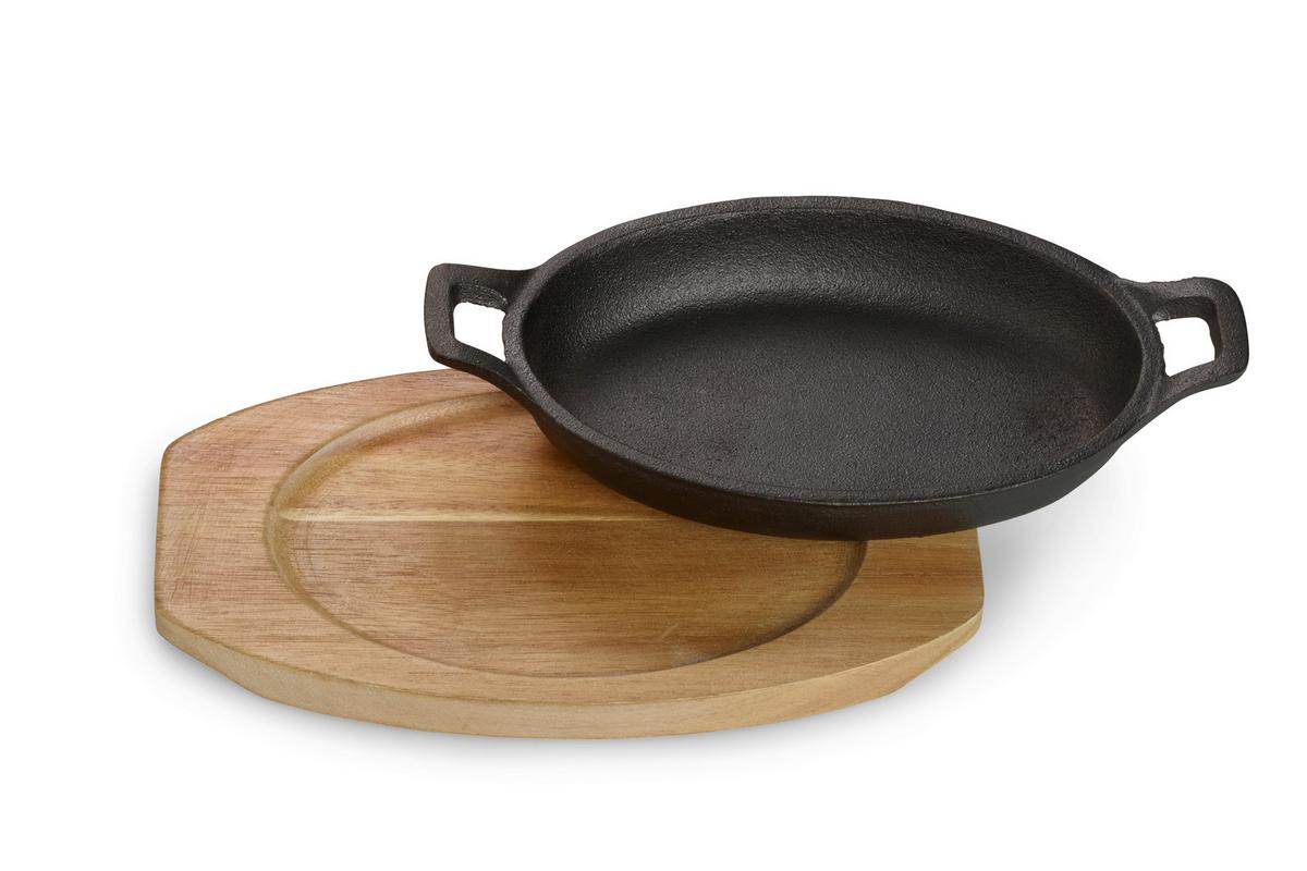 Servierpfanne Gusseisen Kratzfest Mit Servierbrett - Schwarz/Braun, Basics, Holz/Metall (18/3/12cm) - Echtwerk