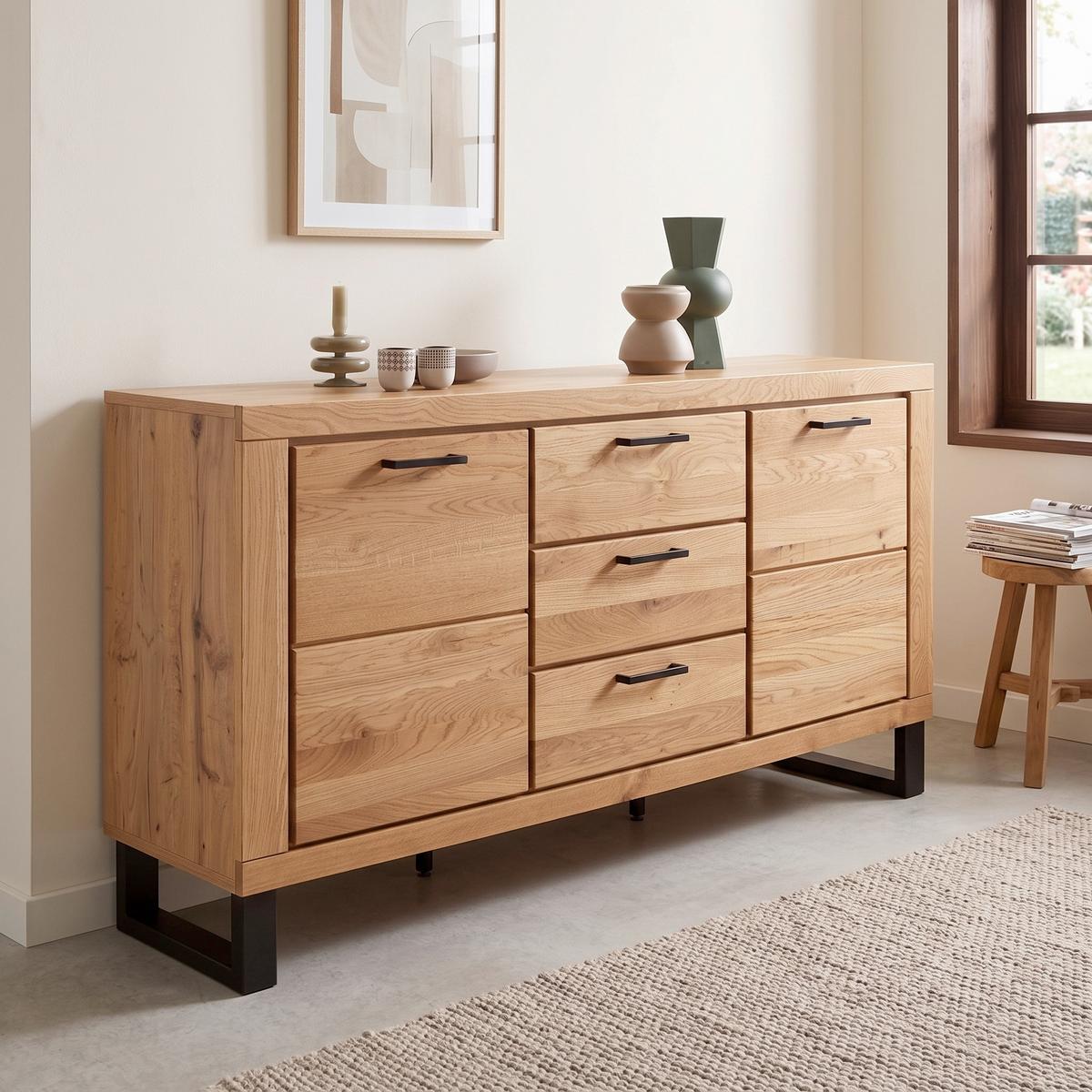 Sideboard Kambo Wildeiche 2 Türen 3 Laden - Wildeiche/Schwarz, ROMANTIK / LANDHAUS, Holz/Holzwerkstoff (158,5/83/40cm)