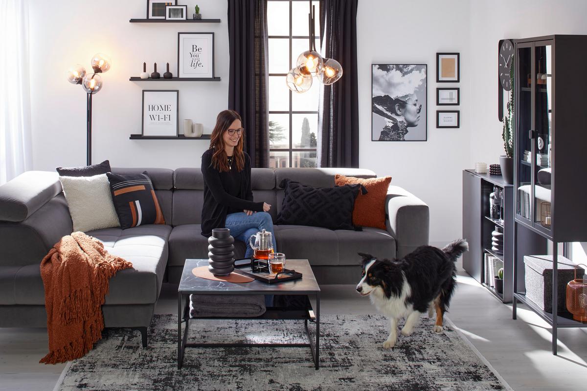 Rohová sedačka EMMA, ľavá, sivá,nast.op.hl,USB,el.výsuv - čierna/sivá, Modern, textil (210/301cm) - Premium Living