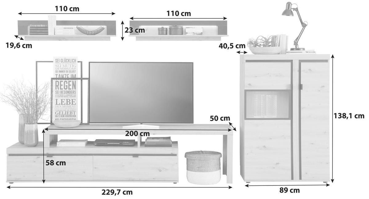 Wohnkombination 4-Tlg. mit Led Nyon, Eiche Dekor/Schwarz - Eichefarben/Schwarz, MODERN, Glas/Holzwerkstoff (318,7/200,1/50cm)