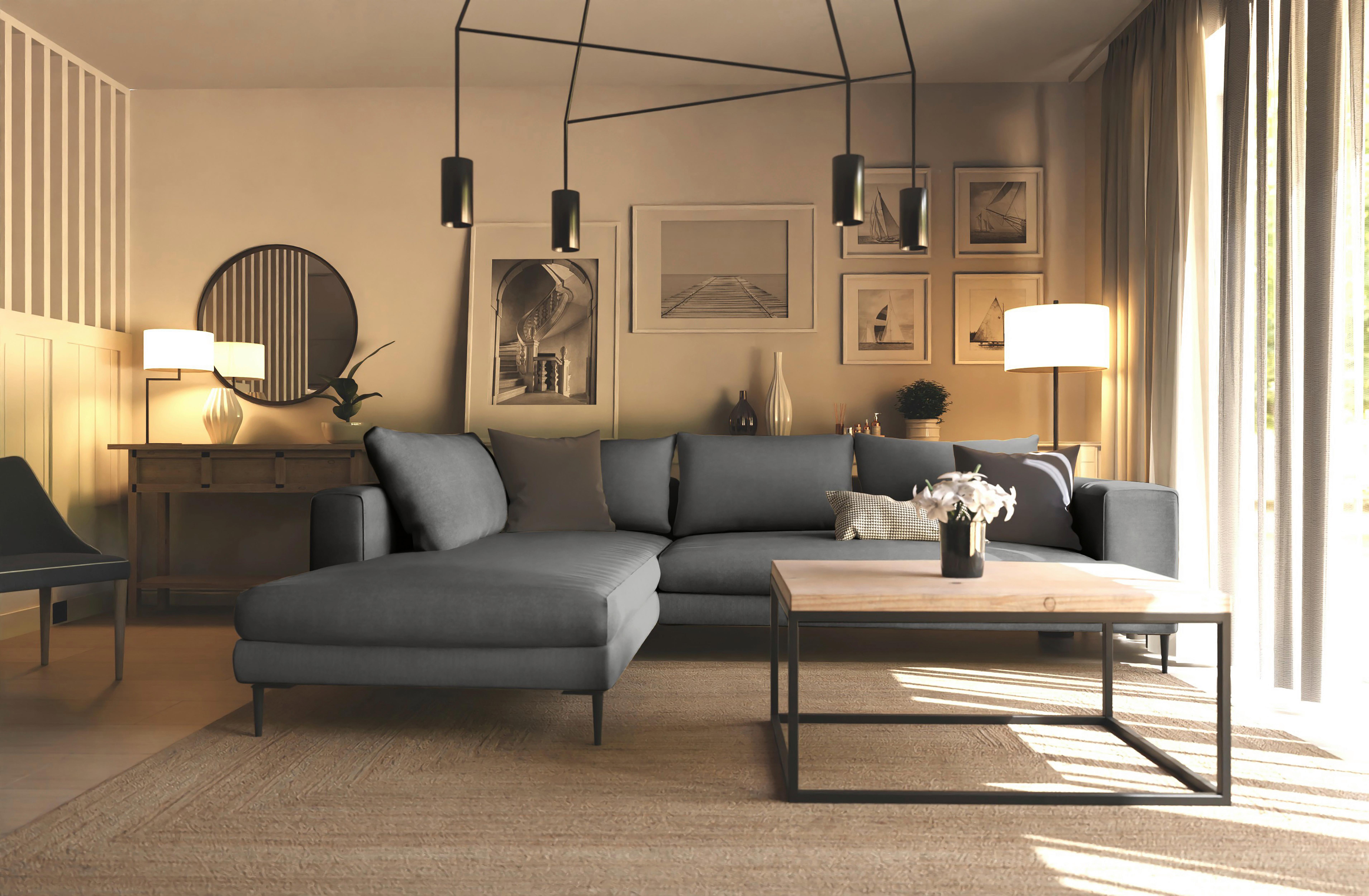 Ecksofa Aurora II - Dunkelgrau/Schwarz, MODERN, Textil (210/295cm) - Trendmanufaktur