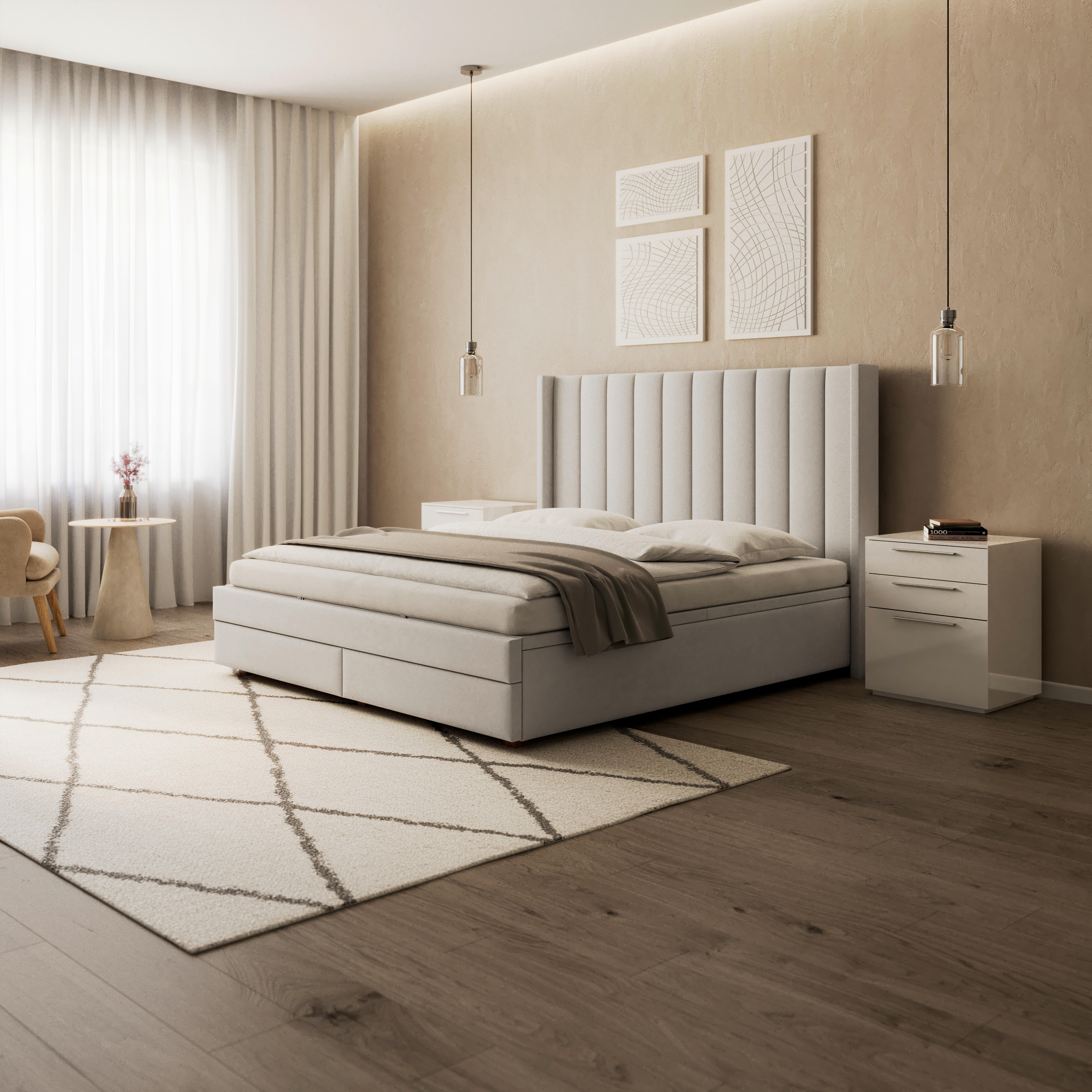 Čalúnená posteľ MAYA 180x200, béžová - svetlosivá/tmavohnedá, Modern, kov/drevo (180/200cm) - Bessagi Home