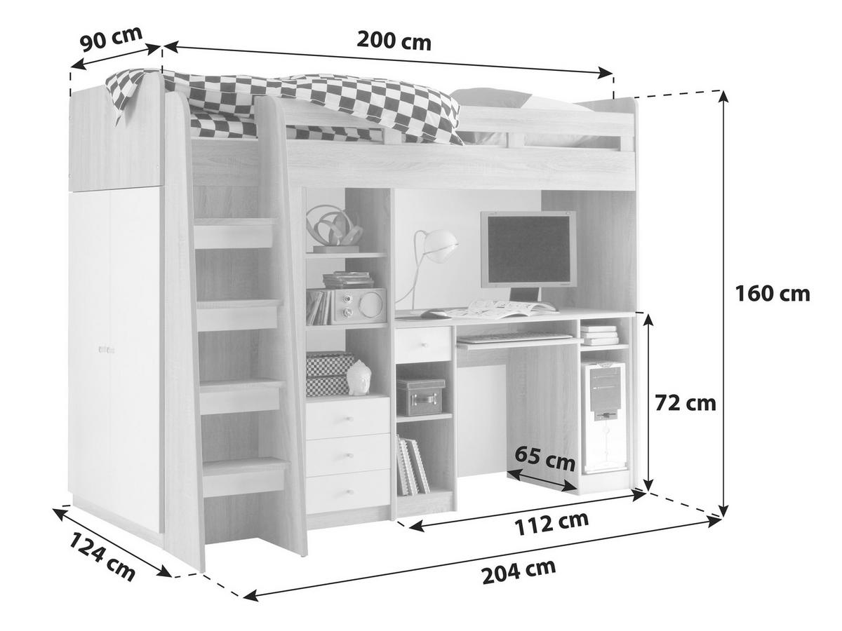 Vysoká posteľ UNIT so stolíkom a skrinkou - biela, Modern, kompozitné drevo (90/200cm) - MID.YOU