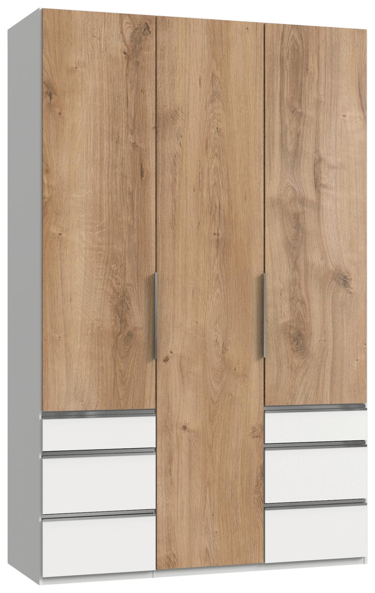 Dreitüriger Drehtürenschrank aus Holzdekor mit weißen und eichefarbenen Oberflächen