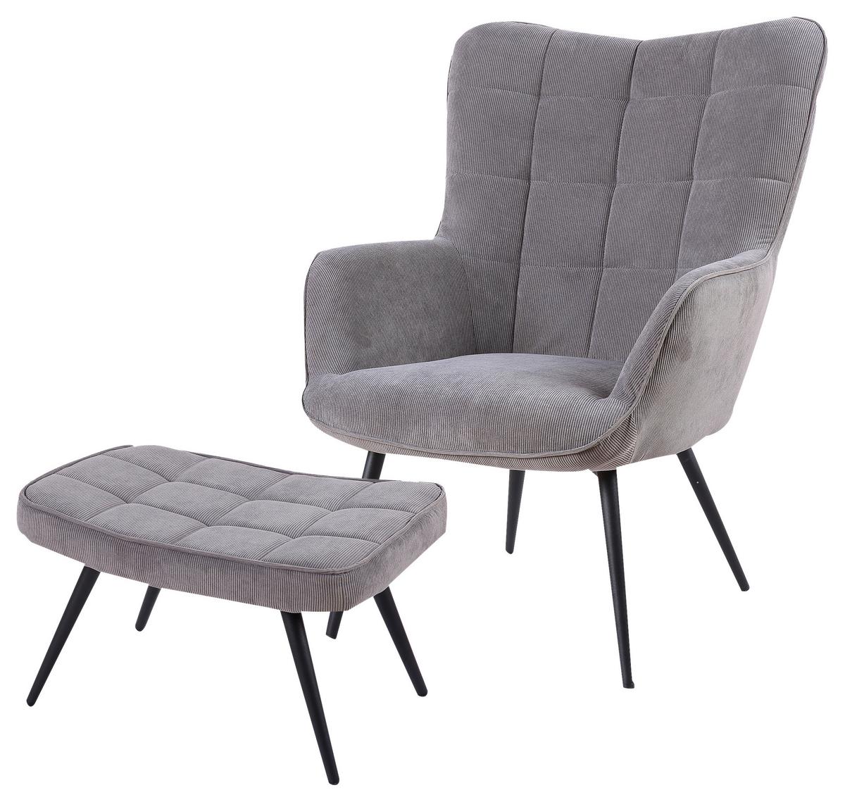 Polstersessel mit Armlehnen + Hocker Uta Textil Grau - Schwarz/Grau, MODERN, Holzwerkstoff/Textil (72/60/97/39/80/41cm) - MID.YOU