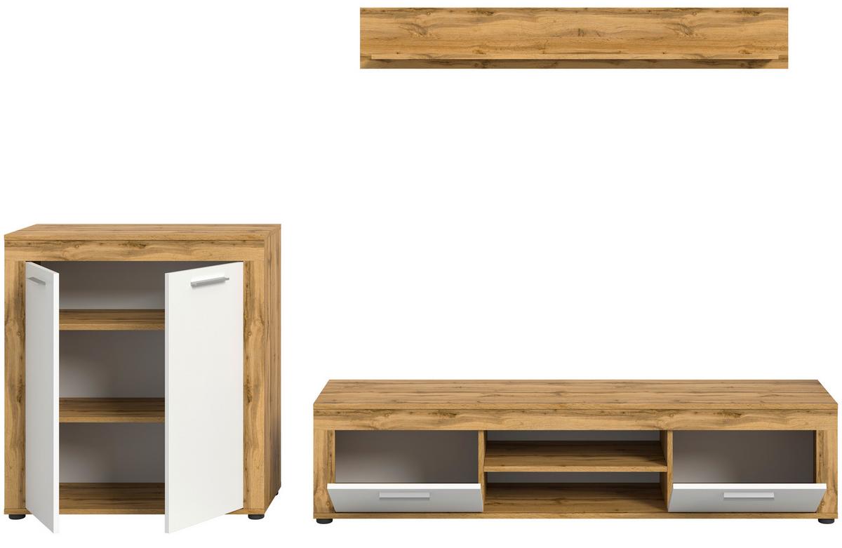 Wohnwand Jam Eiche Dekor Weiß 3-Teilig B: 255 Cm - Eiche Wotan/Schwarz, Design, Holzwerkstoff (255/159/35cm) - MID.YOU
