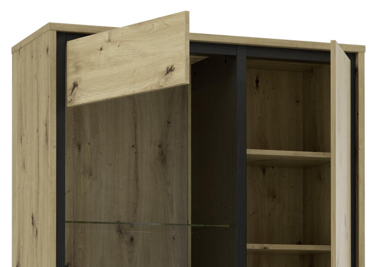 Highboard mit Glaselement 102 cm Trondheim, Eiche Dekor - Eichefarben/Schwarz, Basics, Glas/Holzwerkstoff (101.4/161/41.5cm) - Livetastic